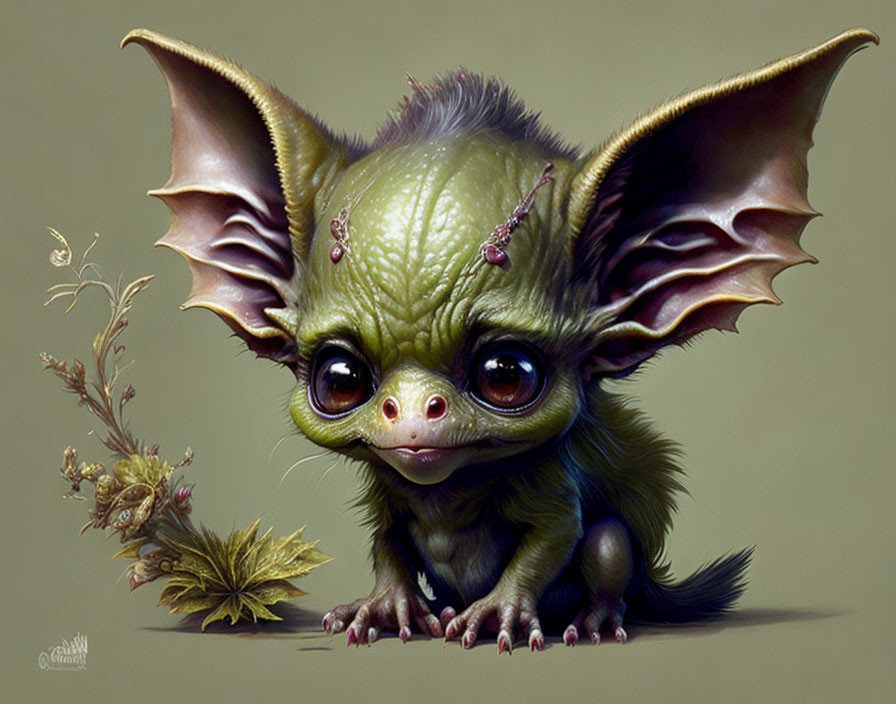 Fantastical creature with large eyes and bat-like ears beside small plants