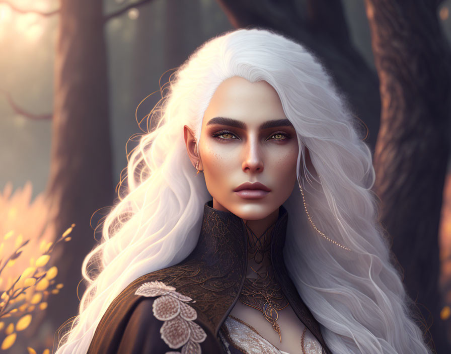 Fantasy character with green eyes, white hair, golden tattoos, forest backdrop