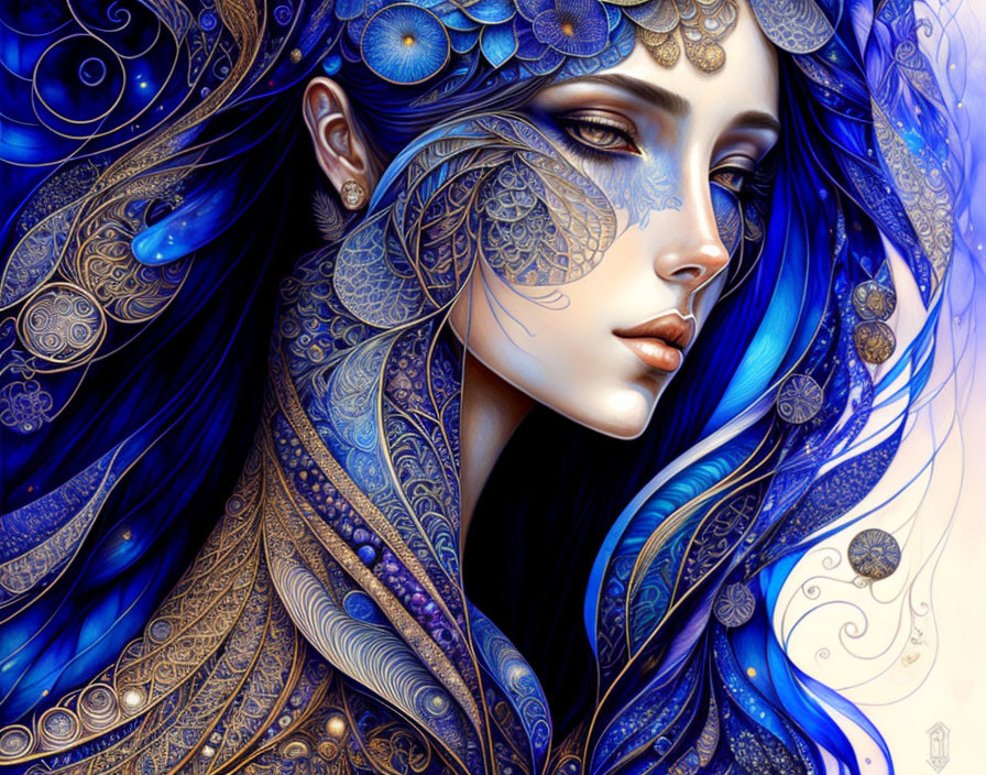 Blue-skinned woman with ornate feathers and jewels in swirling patterns