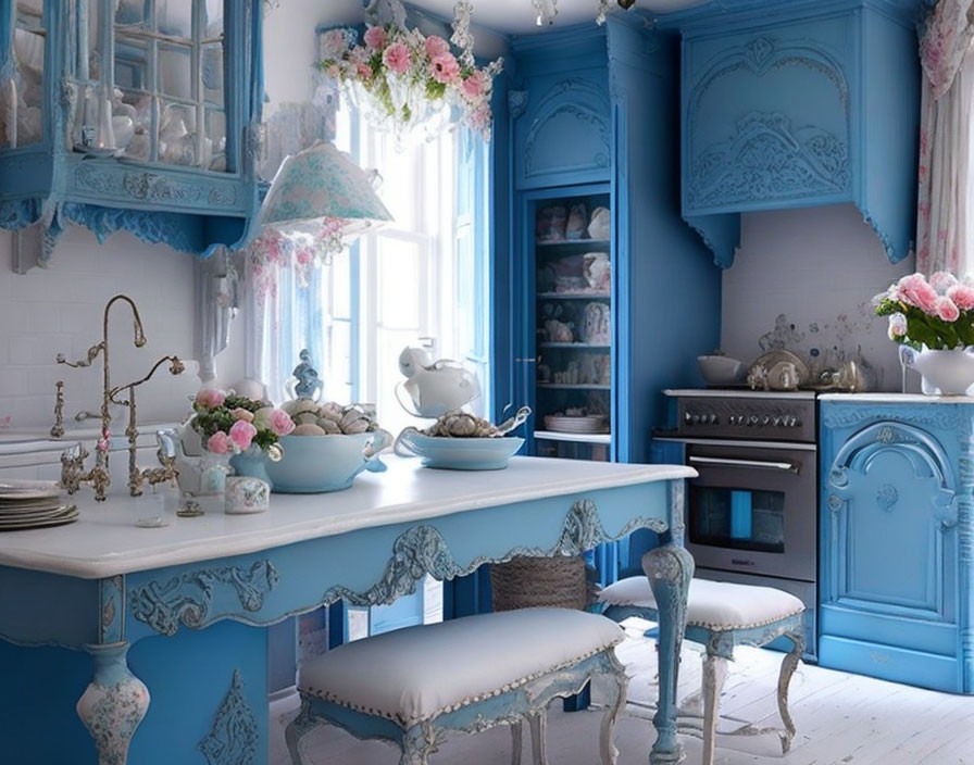 Pastel Blue Cabinets & Floral Decor in Vintage Kitchen