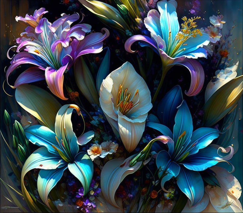 Colorful digital artwork: Blue and purple lilies with dynamic lighting and detailed petals.