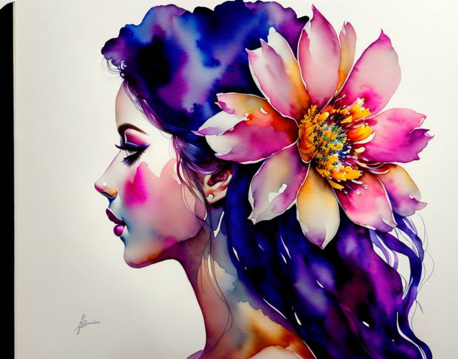 Colorful watercolor painting: Woman profile with oversized flower in hair