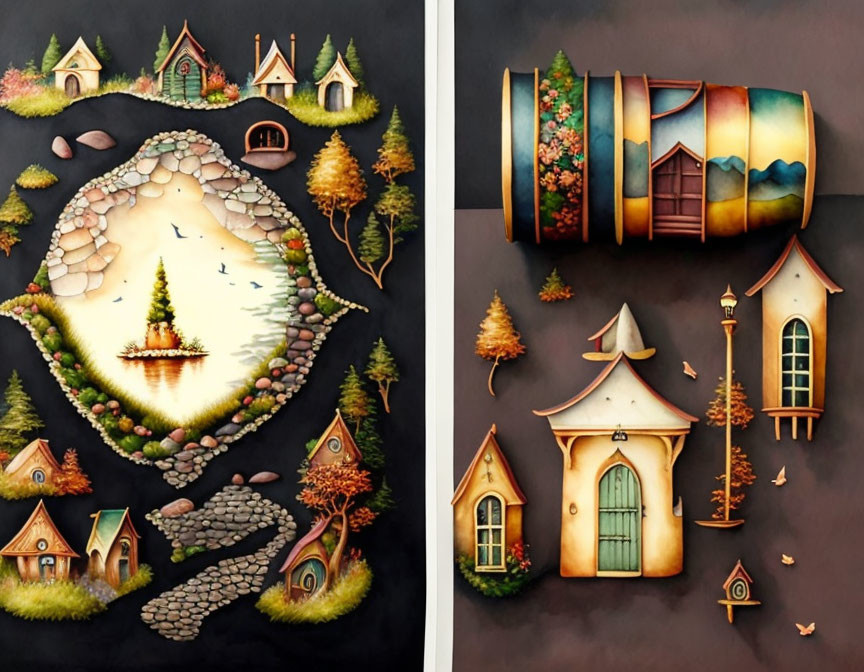 Whimsical art: Stylized houses, trees, and floating book on dark backdrop