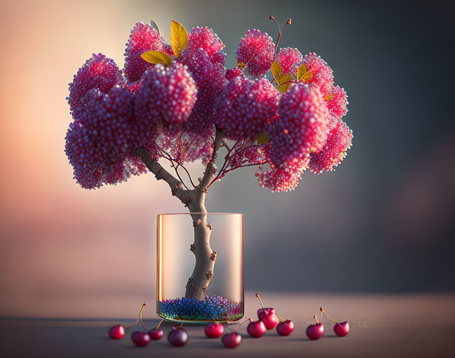 Whimsical bonsai tree with pink berry clusters in glass pot