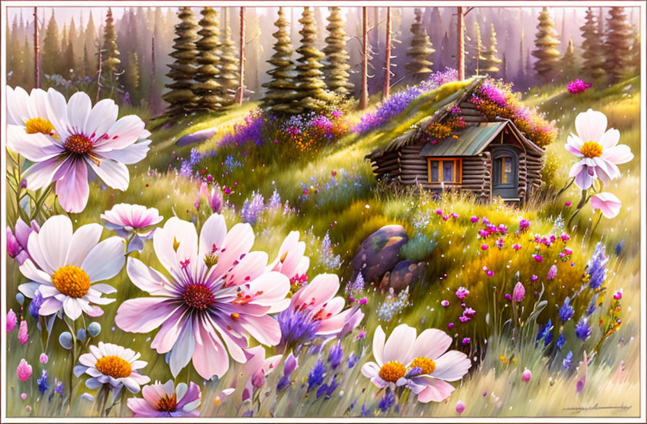 Tranquil cabin in colorful meadow with pine trees