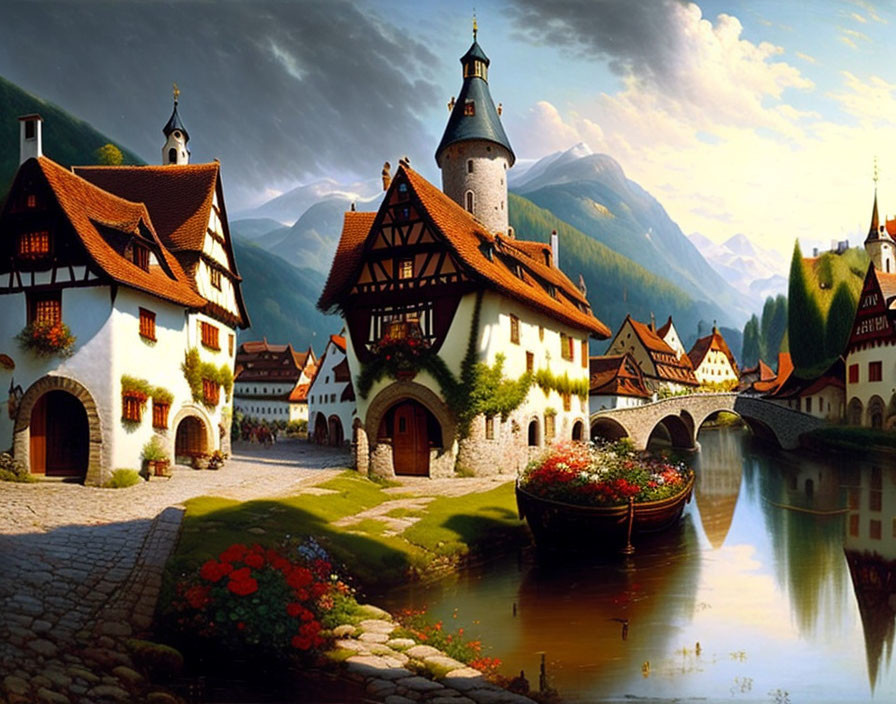 Picturesque village with castle-like tower and vibrant flowers by calm river