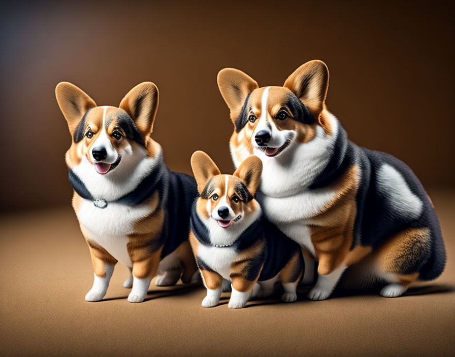 Three Corgi Dogs Posing Together on Brown Backdrop