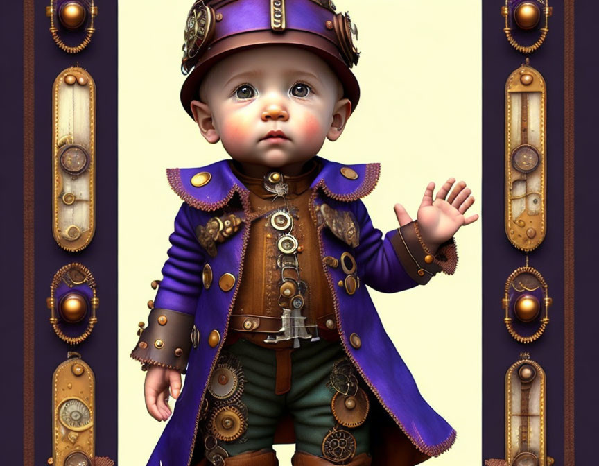 Steampunk-themed 3D toddler illustration in purple attire.