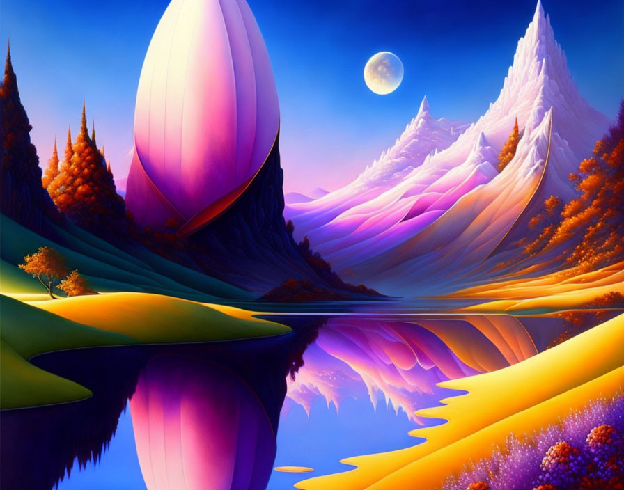 Colorful Fantasy Landscape with Reflective River & Purple Mountains