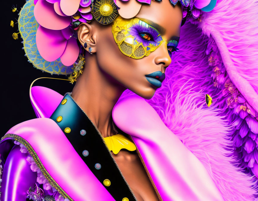 Colorful digital art portrait of woman with golden facial adornments, purple outfit, feathers, and striking