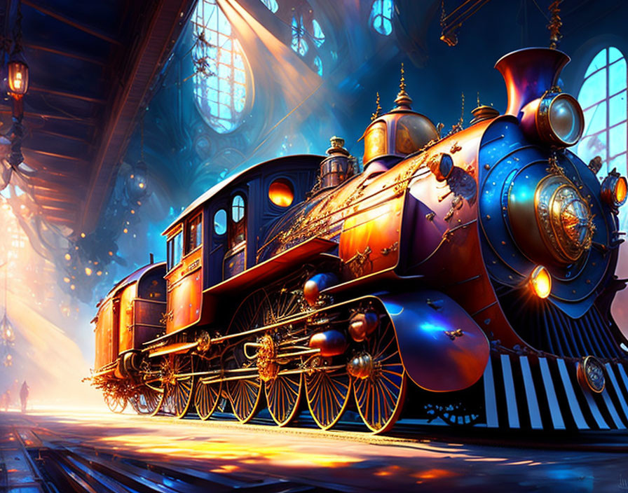 Steampunk-style train at magical illuminated station