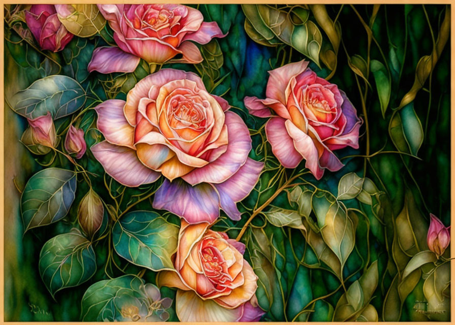 Colorful painting of pink and orange roses with lush greenery.