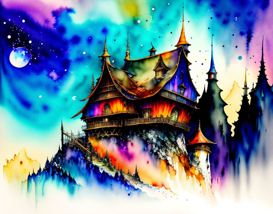 Fantastical castle watercolor painting under starry night sky