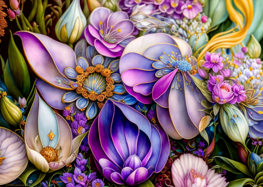 Colorful digital painting of stylized flowers in purples, blues, and oranges