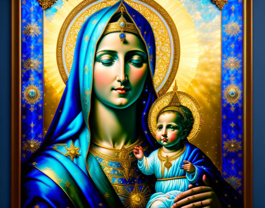 Virgin Mary holding Child Jesus in blue robe with gold stars on ornate golden background.