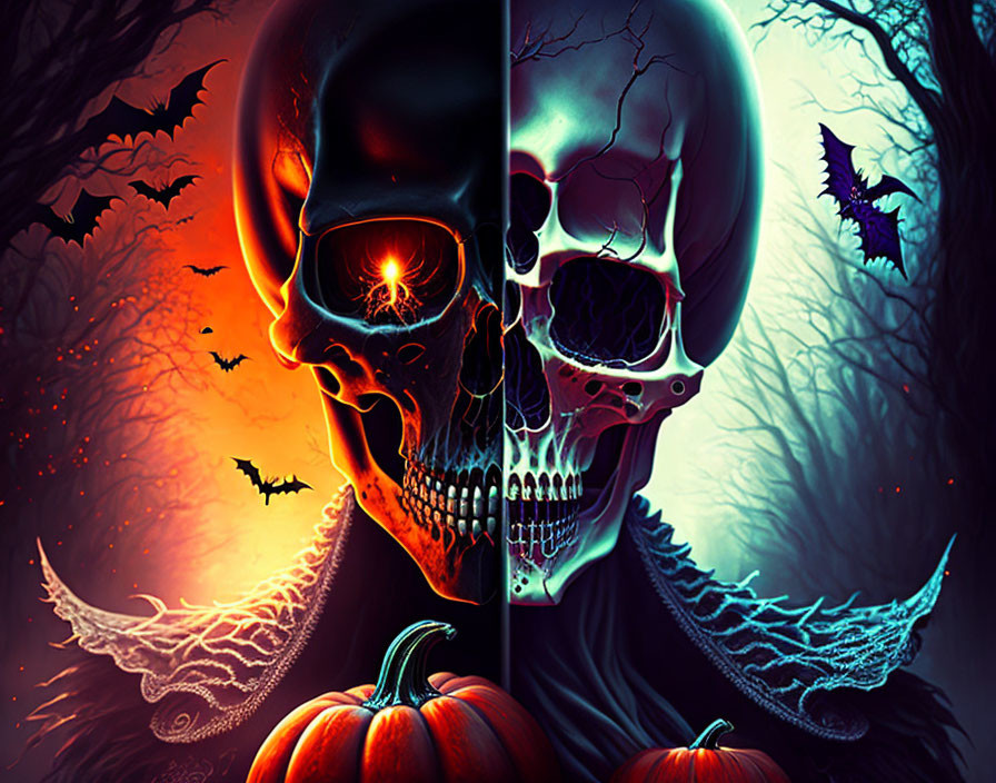 Colorful Halloween Illustration: Skulls, Bats, Pumpkins, Spooky Forest