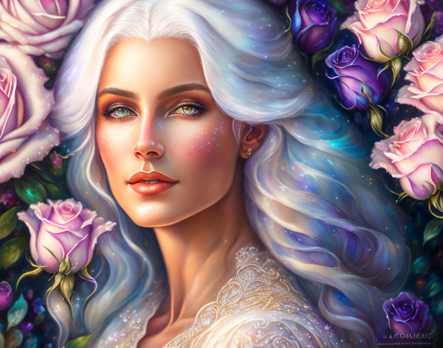 Digital art portrait of woman with pastel hair, green eyes, pink roses - fantasy aesthetic