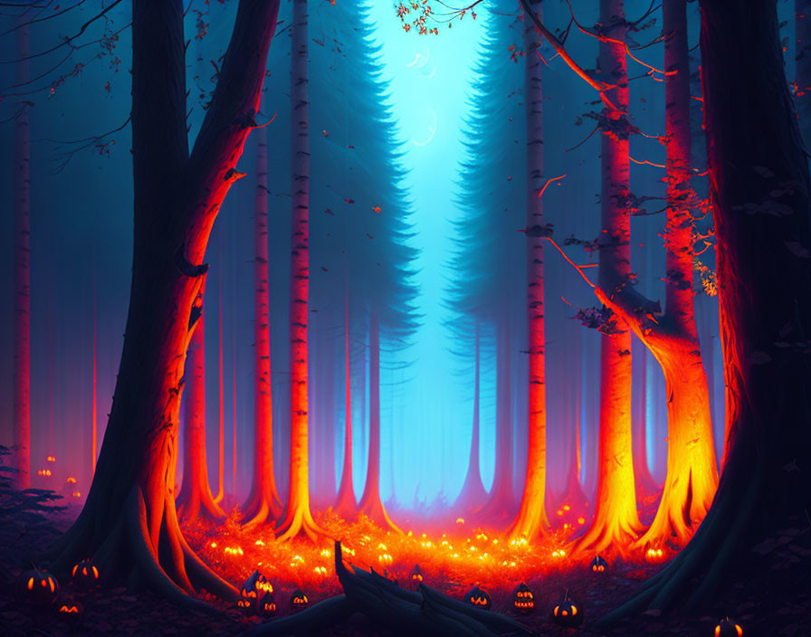 Enchanting Twilight Forest Scene with Glowing Trees and Pumpkins