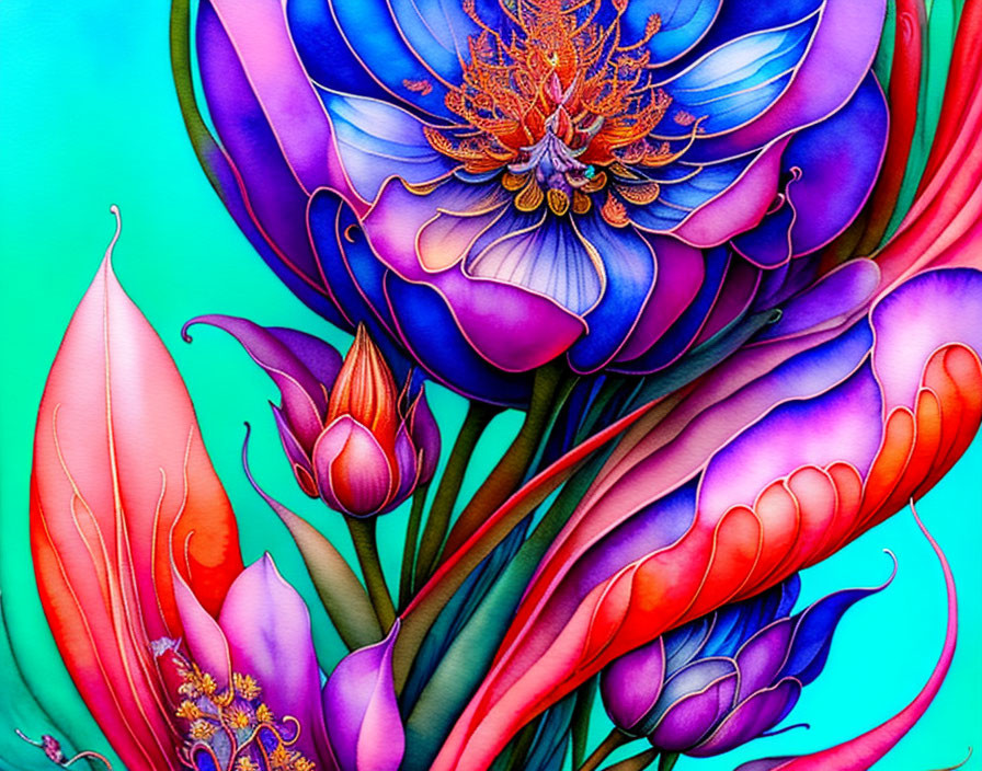 Colorful Floral Illustration with Purple and Blue Flowers and Orange Patterns