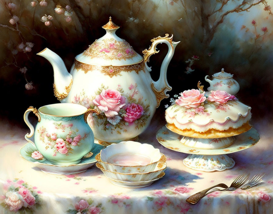 Floral-patterned tea set with teapot, cup, saucer, plate, and cake on