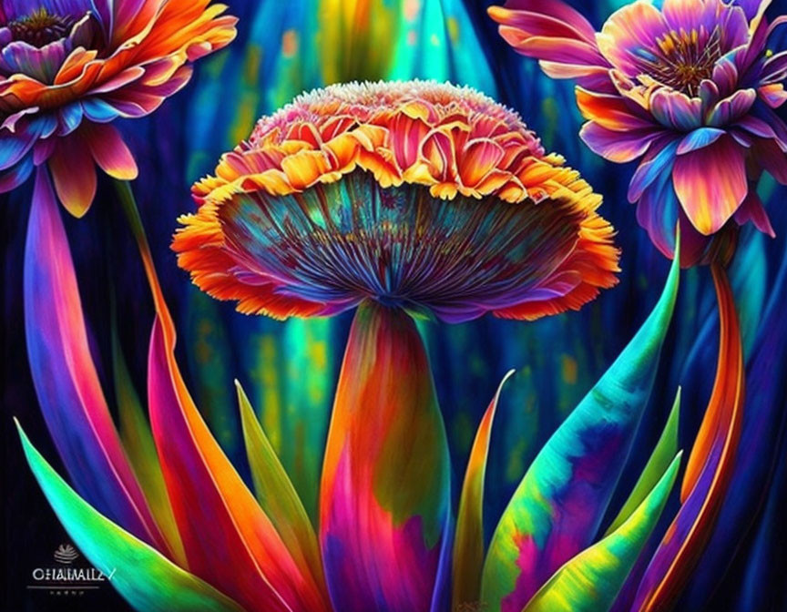 Colorful Stylized Mushroom Surrounded by Fantastical Flowers