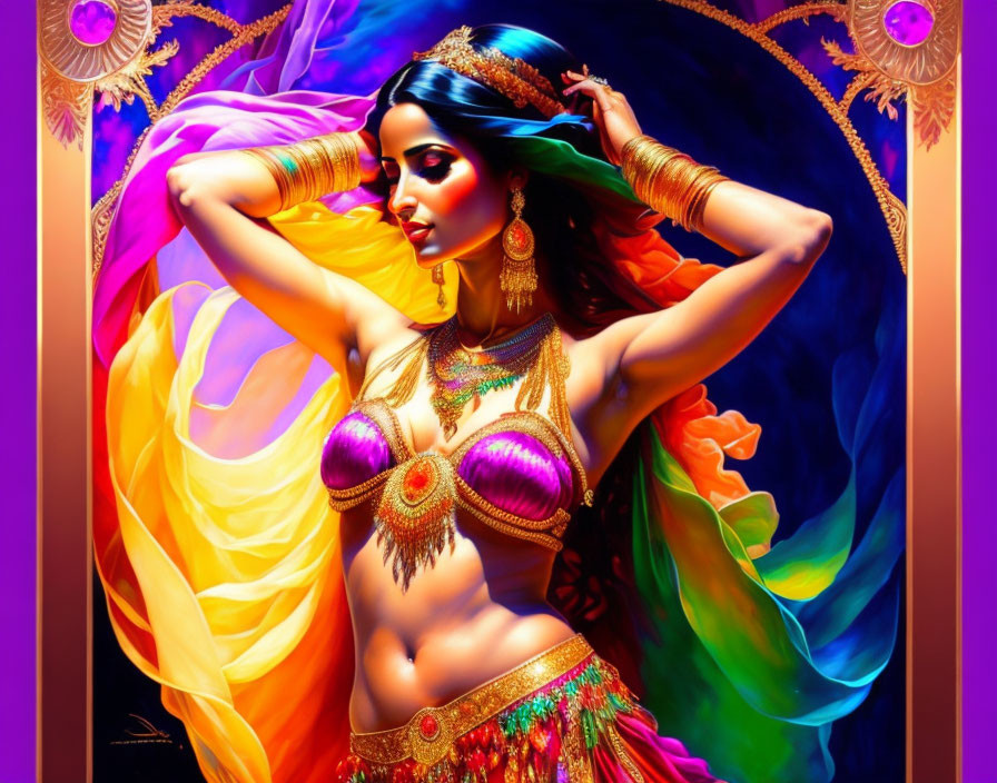 Colorful Indian Attire Woman Dancing Against Psychedelic Background