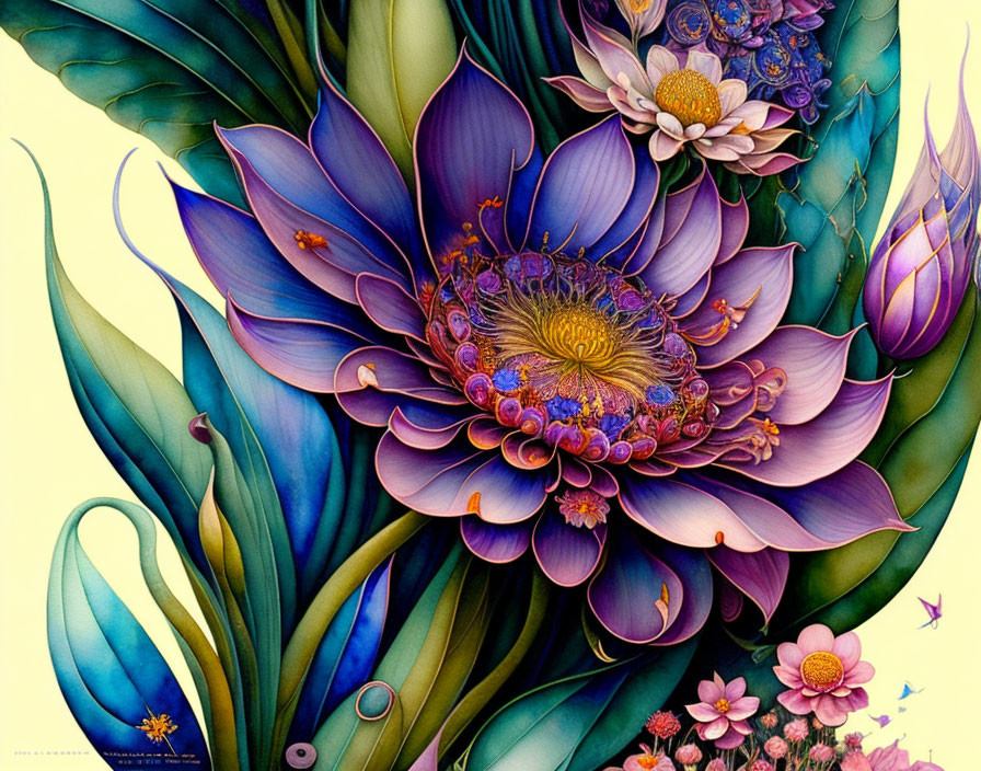 Colorful painting of blooming flower with intricate patterns and butterflies