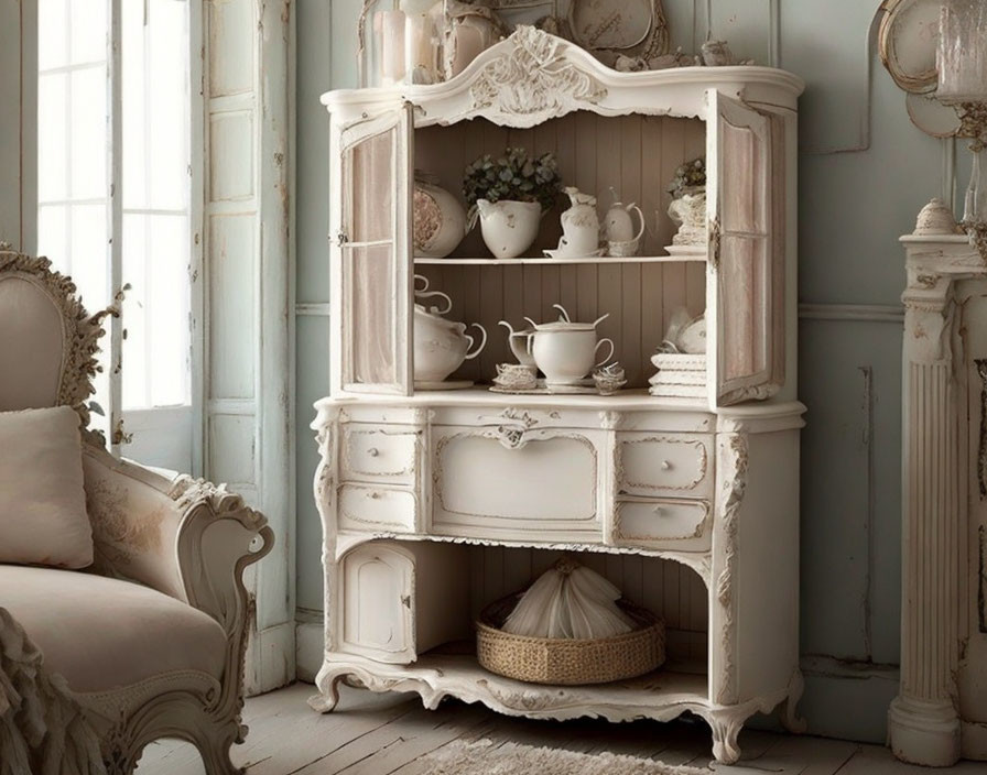 Antique White Cabinet with Porcelain Teapots and Armchair in Vintage Room