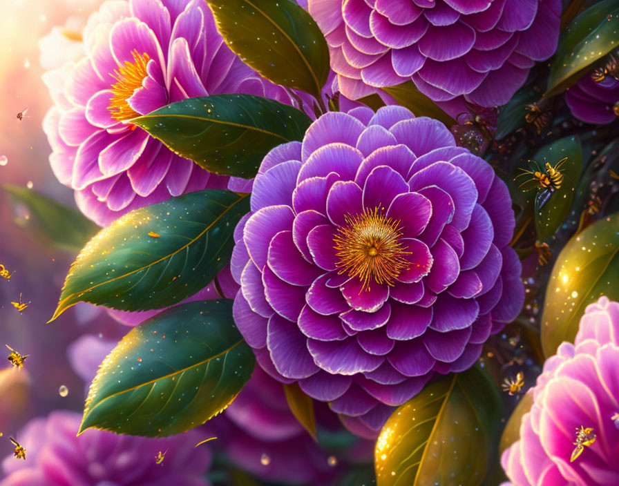 Vibrant Purple Flowers with Golden Centers and Bees in Sunlight