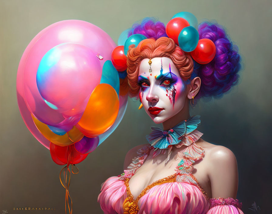 Colorful clown with balloons and ornate costume on muted backdrop