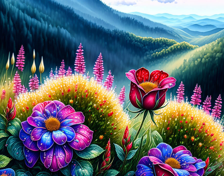 Colorful stylized flowers against green hills and mountains under a hazy sky