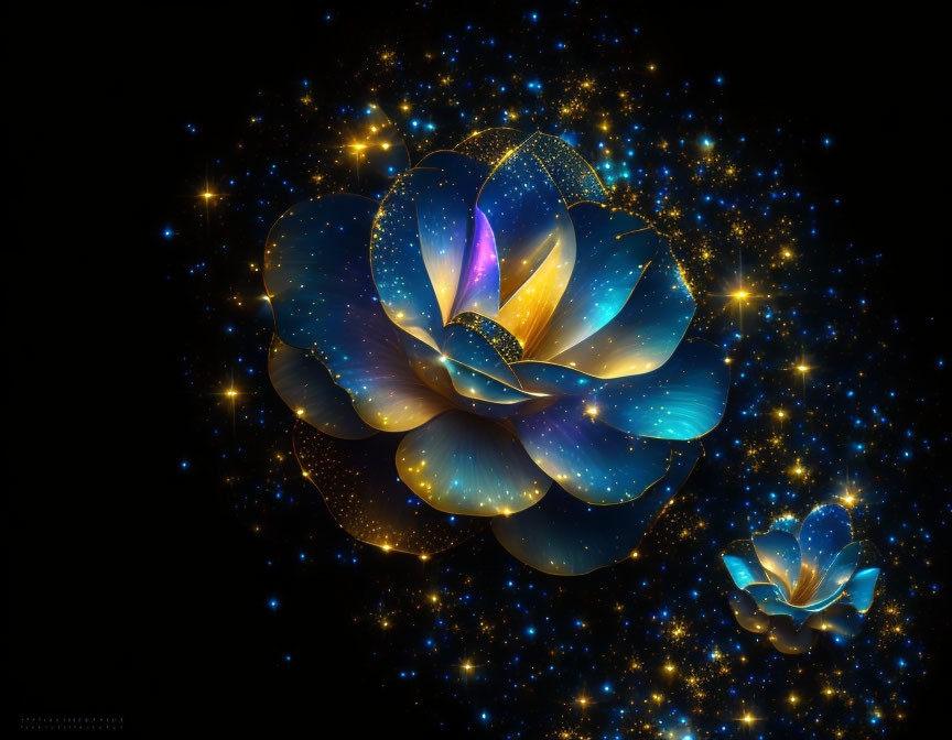 Luminescent flowers in cosmic setting with twinkling stars