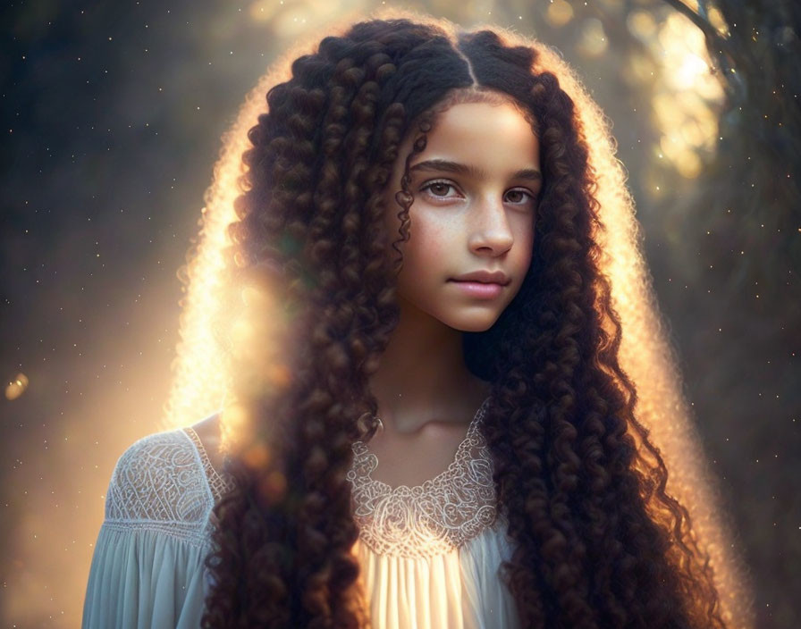 Young girl with long curly hair in warm backlit glow and bokeh effect.