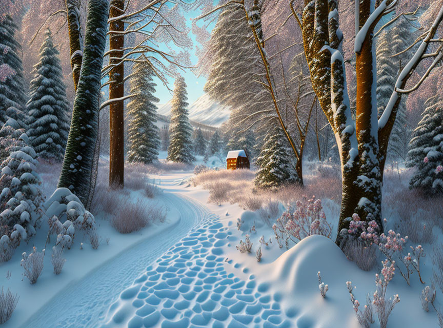 Snowy path to small cabin in winter landscape