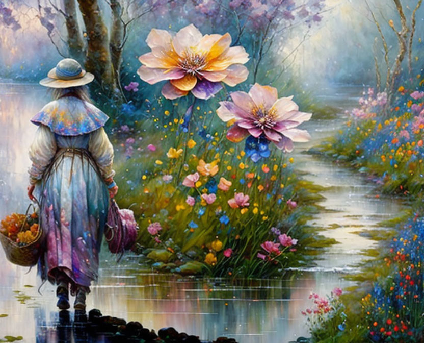 Person in hat strolling by riverbank in colorful garden