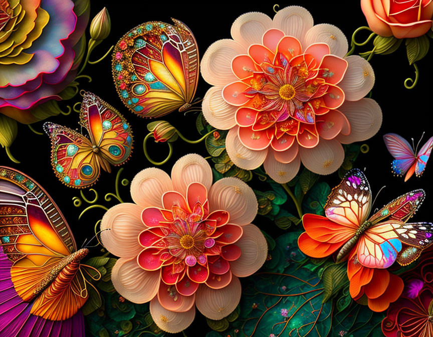 Colorful Flowers and Butterflies in Vibrant Digital Art