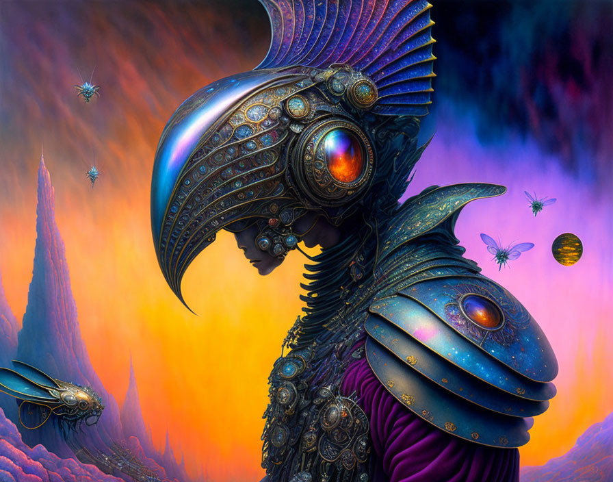 Futuristic knight in ornate armor with glowing eye on alien landscape