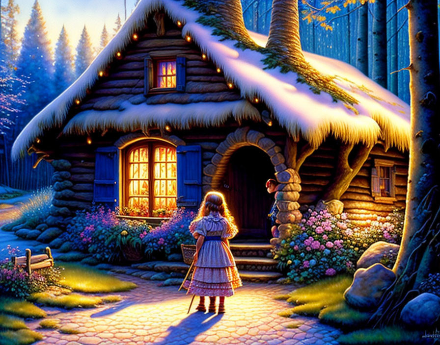 Child standing by illuminated cottage in snow at night