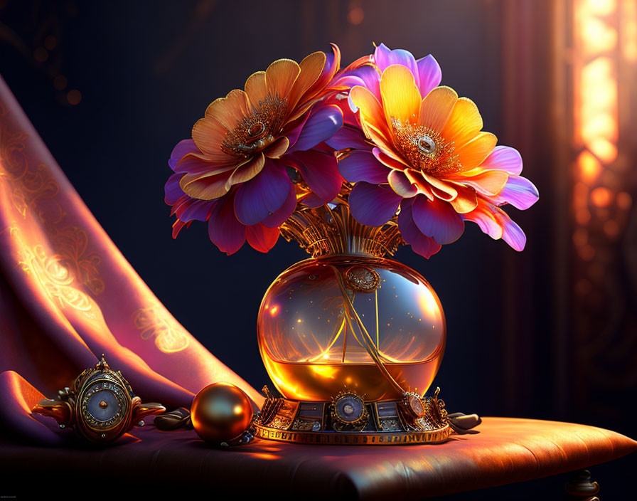 Colorful oversized flowers in golden perfume bottle with vintage watch and draped curtain