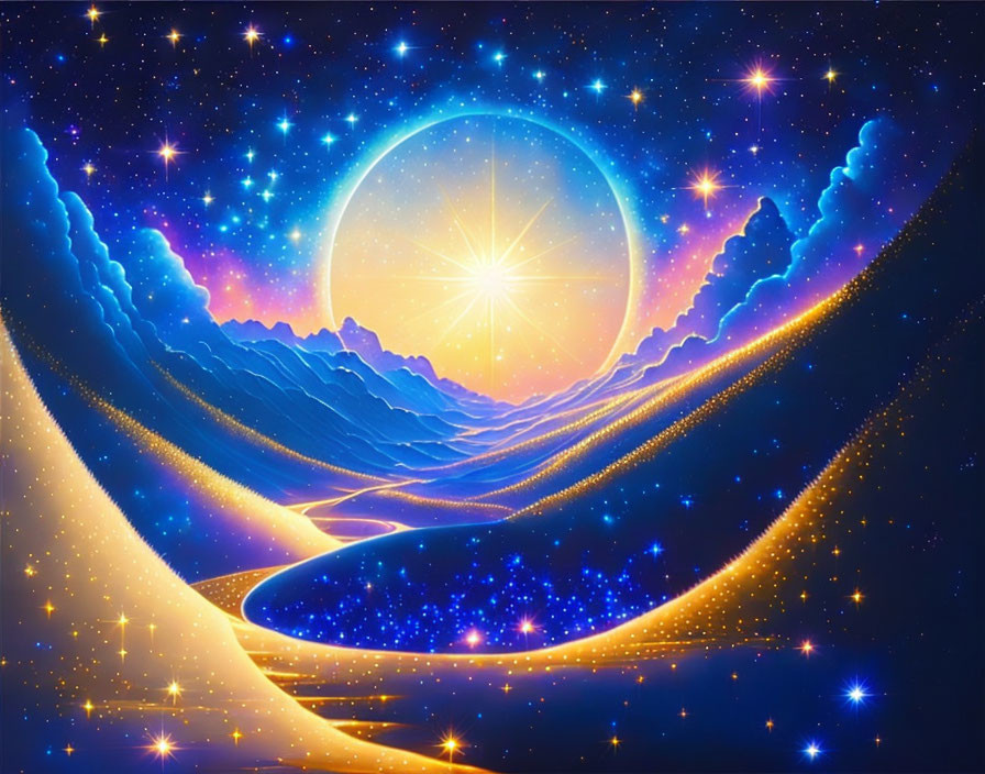 Vibrant digital artwork of glowing moon, starry sky, mountains & luminous path