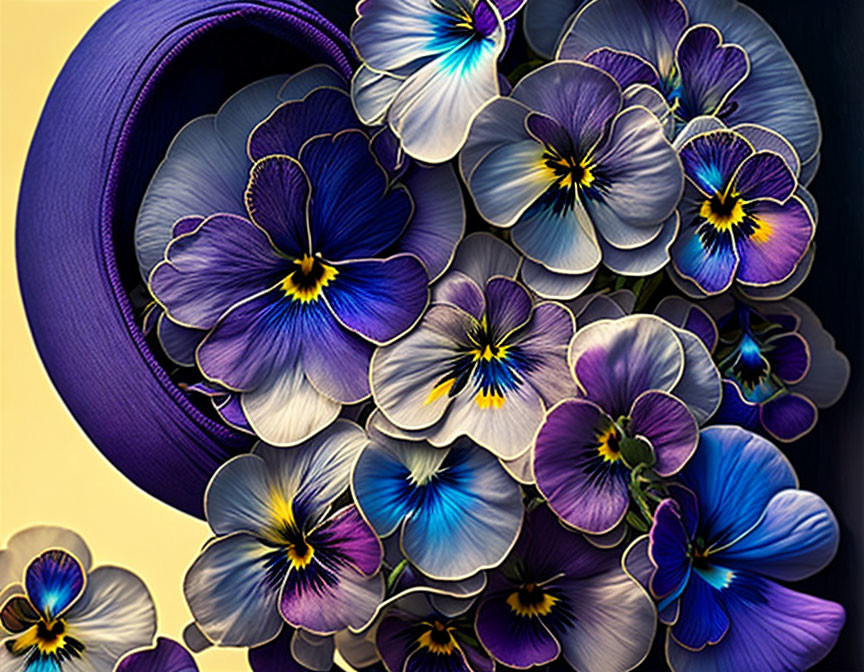 Vivid Purple and Yellow Pansies in Circular Frame on Gold Background