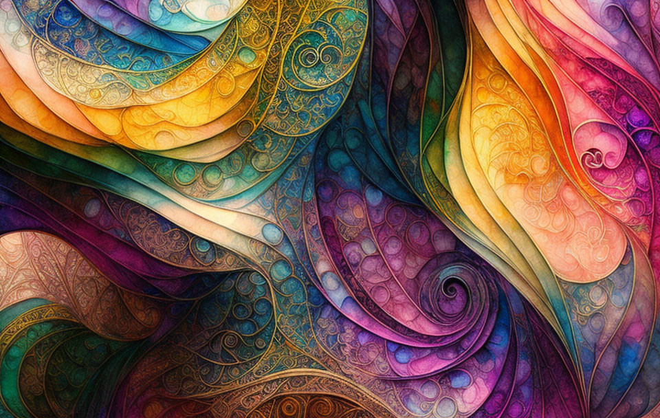 Colorful Abstract Art: Swirling Patterns & Textures Resembling Peacock Feathers