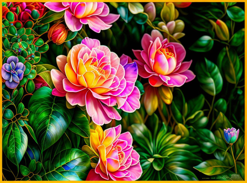 Colorful Flower and Leaf Digital Art on Dark Background