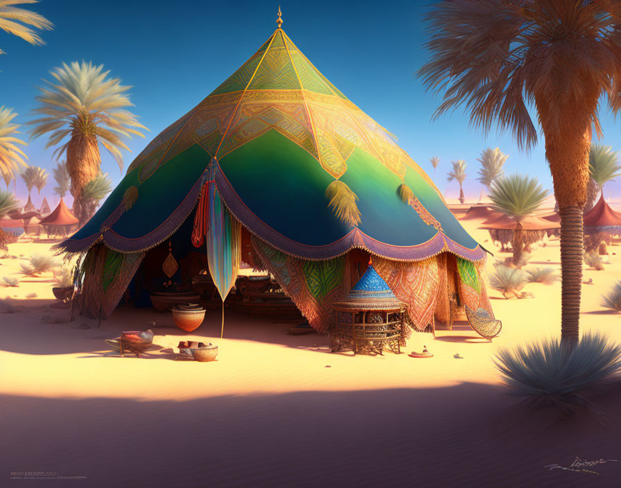 Intricately designed desert tent with palm trees and outdoor seating