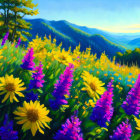 Colorful landscape painting with yellow and purple flowers, green hills, and mountains.