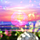 Colorful digital artwork: flowers, butterflies, lake, sunset