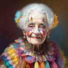 Elderly Woman in Colorful Clown Makeup and Festive Costume