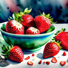 Colorful oversized strawberries in teal bowl with pink petals and red blossom on white wooden surface against floral backdrop