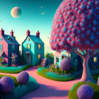 Colorful houses, purple tree, spherical flora, moon in pastel sky, flying birds