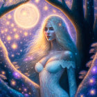 Illustration of woman with luminescent hair in enchanted forest under glowing moon